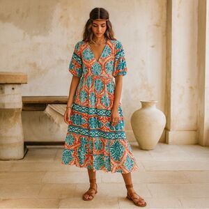 Figueroa & Flower Puff Sleeve Bohemian Maxi Ruffle Hem Coral Turquoise Dress L